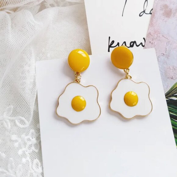 Private Label Jewelry - NEW Fun Fried Egg Yellow and White Enamel Drop Earrings